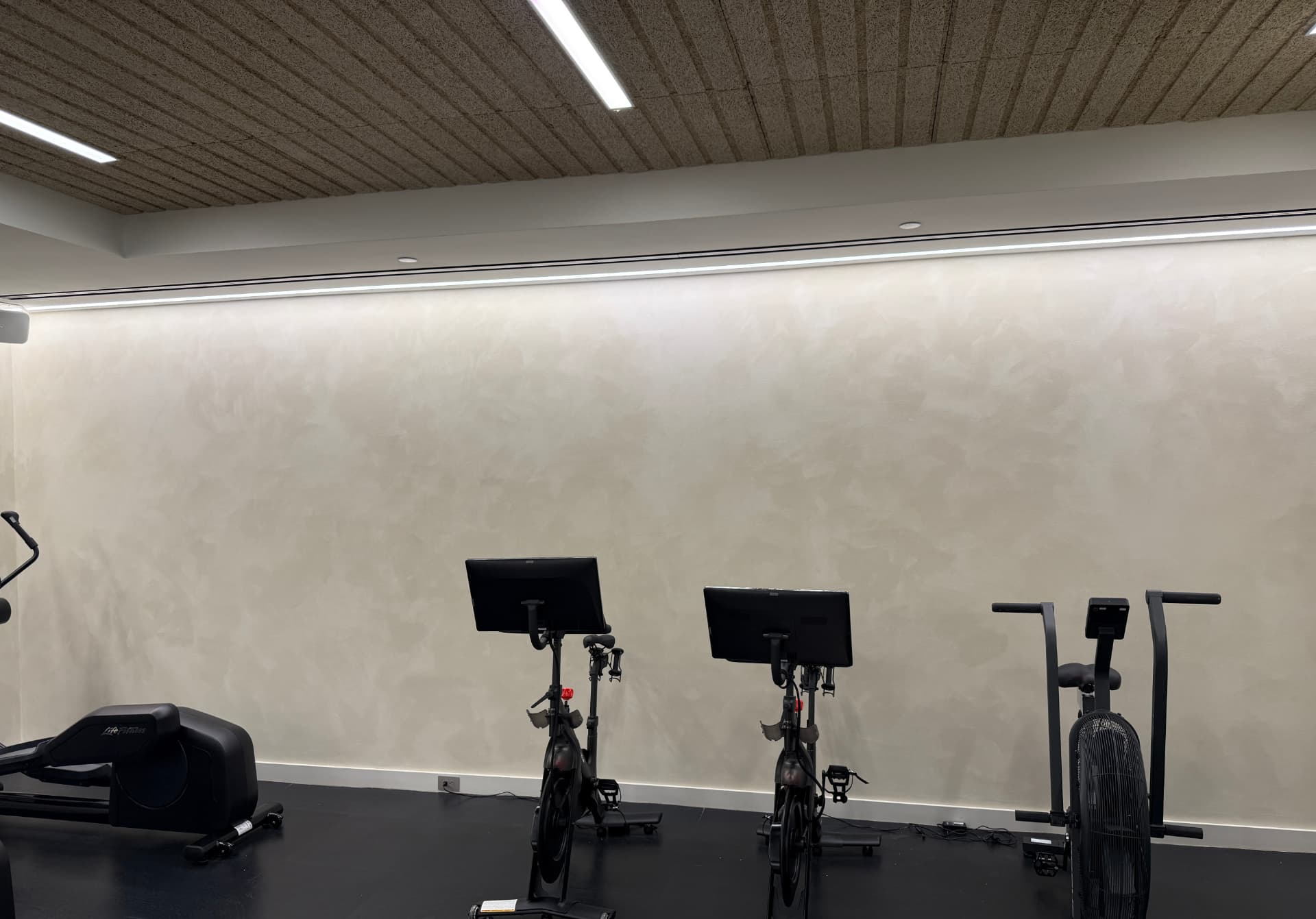 Peloton bikes against a soft limewash feature wall.
