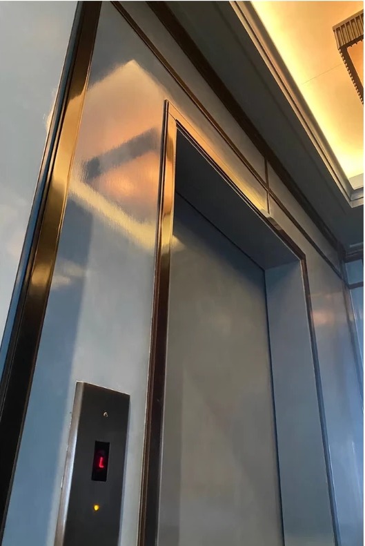 Hand-finished metallic plaster surface in a New York elevator lobby