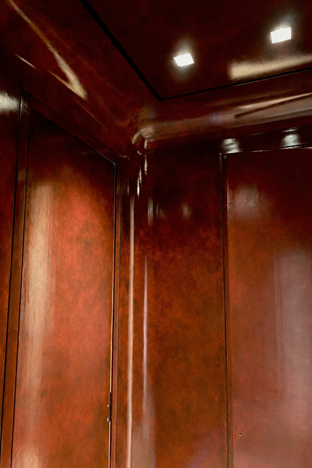 Oxblood polish across walls and ceiling under downlights.